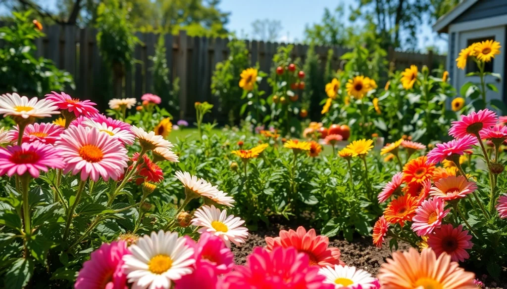 Gardening scene showcasing vibrant flowers and vegetables thriving in a lush backyard.