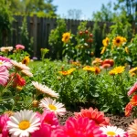 Gardening scene showcasing vibrant flowers and vegetables thriving in a lush backyard.