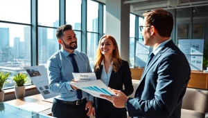 Evaluate real estate options with a professional in a bright, modern office setting