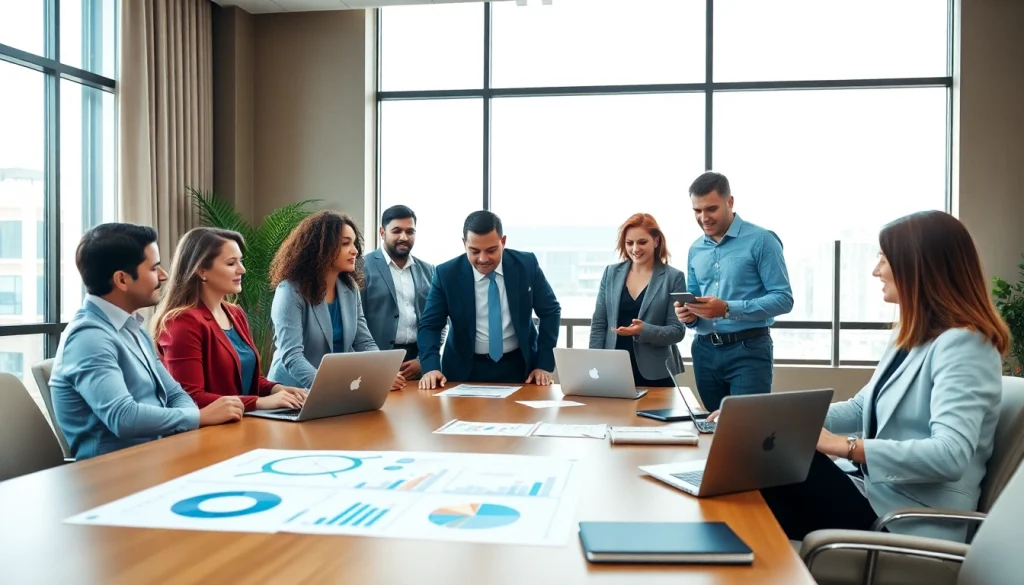 Business professionals discussing registration and certification in Federal databases in a modern office setting.