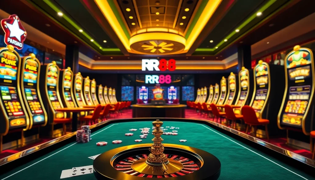 Experience the excitement of RR88's thrilling casino games with vibrant tables and slot machines.