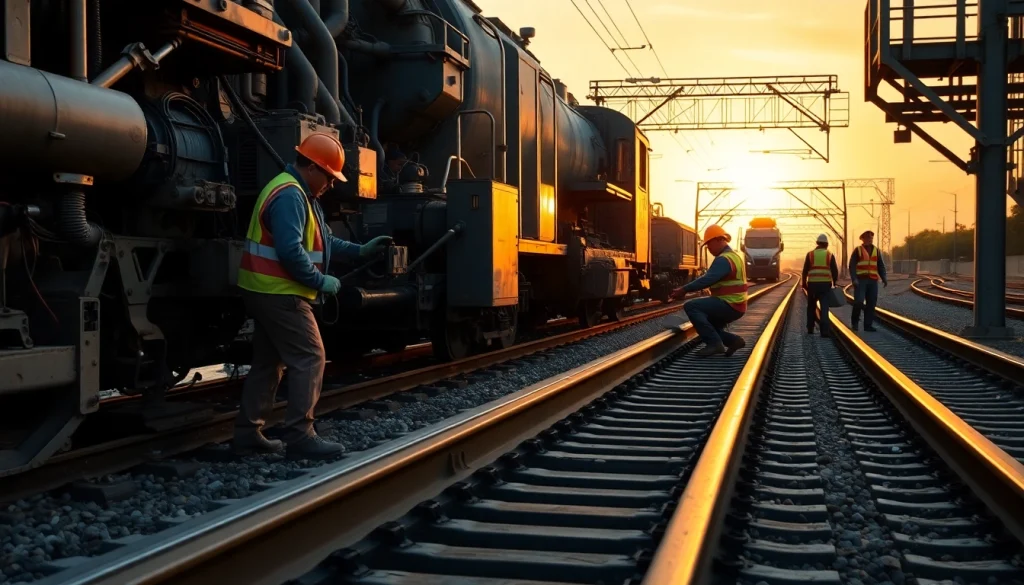 Emergency RailroadRepair with technicians at work, tools and tracks in a dynamic setting.