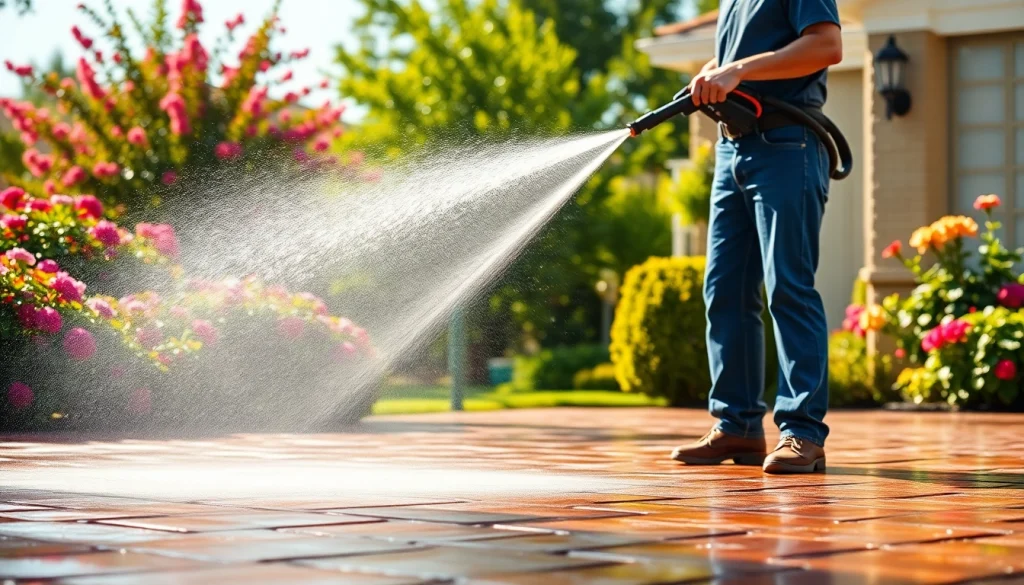 Pressure wash technician cleaning a driveway in Kissimmee, FL with eco-safe methods.
