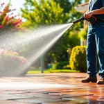 Pressure wash technician cleaning a driveway in Kissimmee, FL with eco-safe methods.