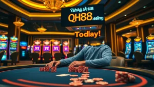 Excited player at a casino poker table promoting Đăng Ký QH88 for online betting.