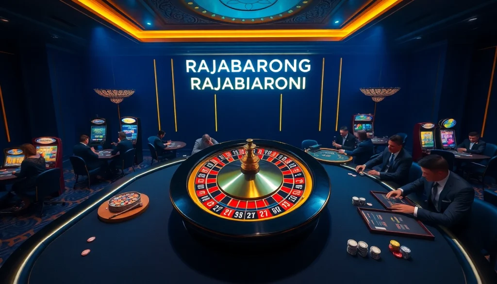 RAJABARONG showcases an exciting casino scene with poker tables and a spinning roulette wheel.
