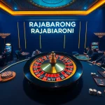 RAJABARONG showcases an exciting casino scene with poker tables and a spinning roulette wheel.
