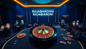 RAJABARONG showcases an exciting casino scene with poker tables and a spinning roulette wheel.