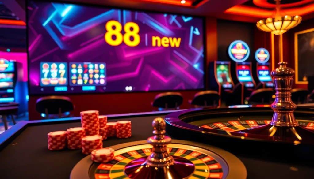 Experience the thrills of 888new with a vibrant casino scene showcasing poker and roulette excitement.