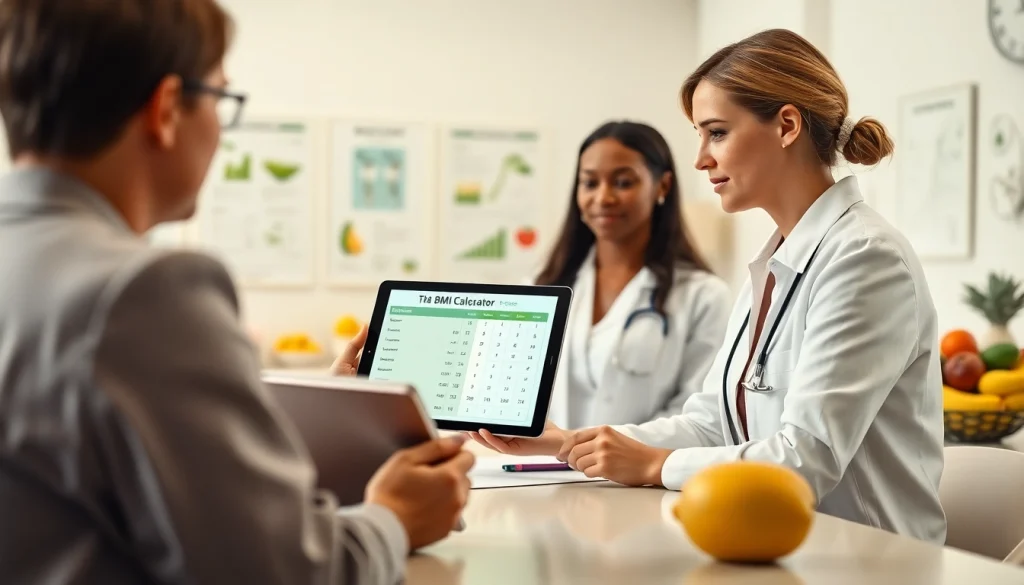 Calculate your BMI with a bmi calculator while consulting a nutritionist in a modern clinic.