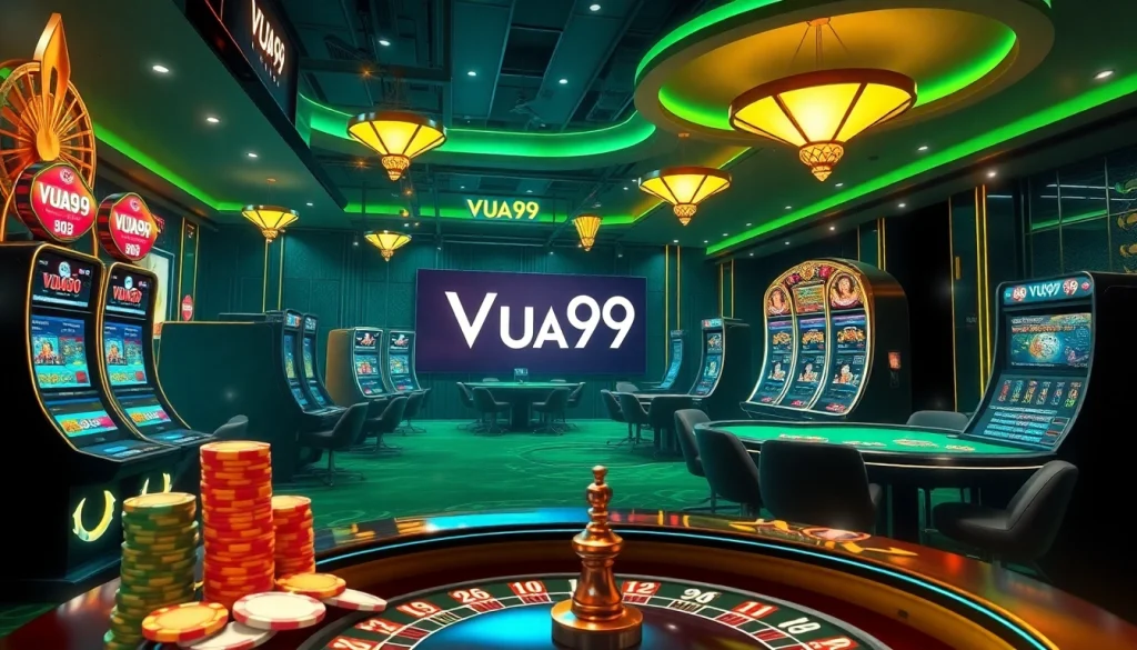 Exciting Vua99 online gambling scene with vibrant tables, poker chips, and glowing slot machines.