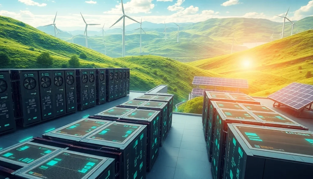 Dynamic crypto mining facility using renewable energy sources, showcasing efficient technology.