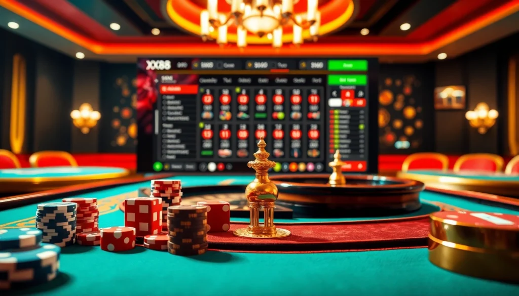 Gambling experience at https://xx88.bingo/, featuring poker chips, roulette wheels, and vibrant online interfaces.