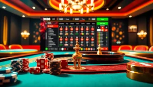 Gambling experience at https://xx88.bingo/, featuring poker chips, roulette wheels, and vibrant online interfaces.