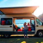 Family enjoying travel preparation at https://fernweh-abenteuer.de while packing a camper van by a lake