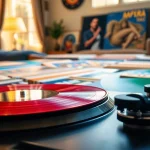 Explore vinyl records arranged artfully on a table, showcasing their rich colors and album covers.