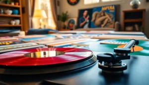 Explore vinyl records arranged artfully on a table, showcasing their rich colors and album covers.