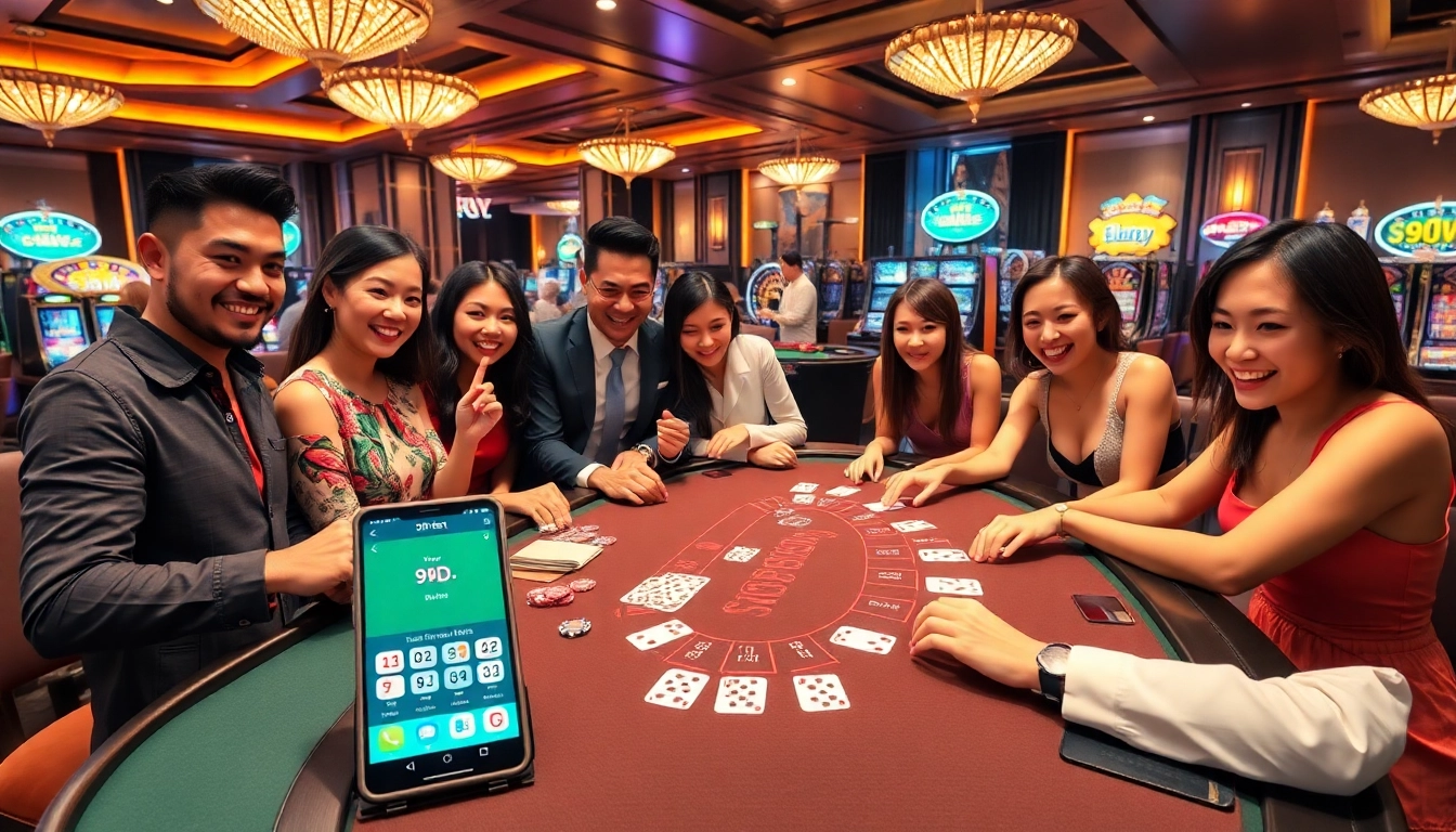 Players experiencing thrilling betting with the 9Dbet App at a vibrant casino table.