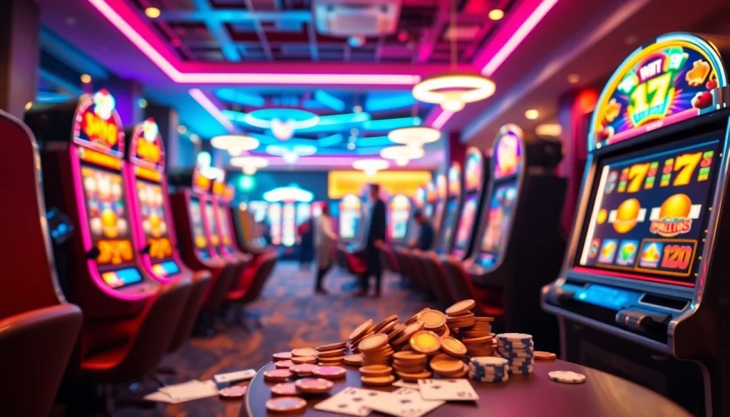 Akses slot deposit 1000 dengan motif mesin slot berwarna-warni dan suasana kasino yang hidup.