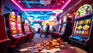 Akses slot deposit 1000 dengan motif mesin slot berwarna-warni dan suasana kasino yang hidup.