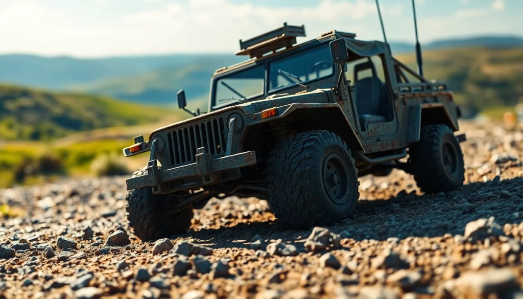 Experience rc military cars navigating rugged terrains, showcasing detailed textures and vibrant colors.