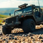 Experience rc military cars navigating rugged terrains, showcasing detailed textures and vibrant colors.