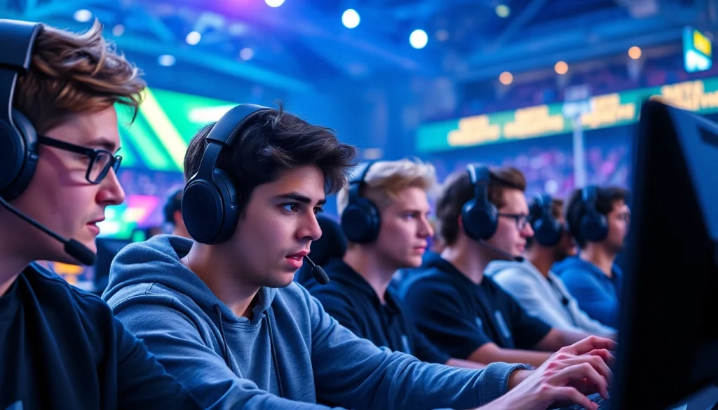 Engage with the latest trends at https://www.gamelevate.com featuring gamers in a vibrant esports arena.