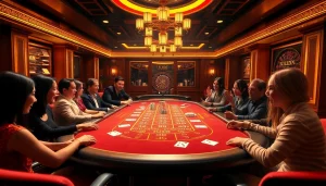 Exciting players engaging around a gaming table at UU88 casino, showcasing luxury and professionalism.