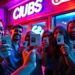 Excited young adults showcasing their Club21ids novelty IDs outside a vibrant club on a lively night.