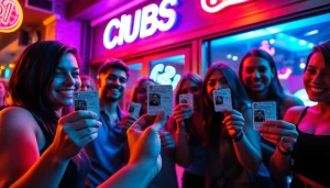 Excited young adults showcasing their Club21ids novelty IDs outside a vibrant club on a lively night.