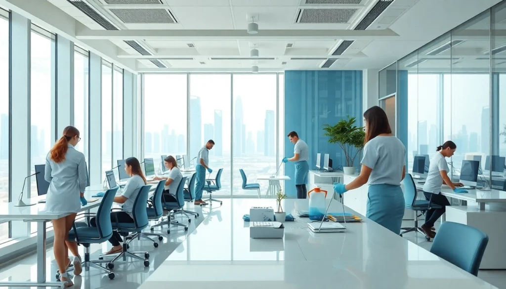 Efficient Office Cleaning Services Dubai with a professional cleaning team in a contemporary office.
