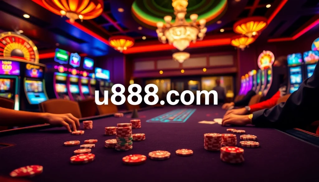 Players enjoying a thrilling game at u888.com casino, featuring vibrant casino elements and excitement.