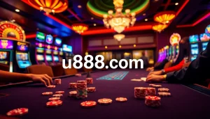 Players enjoying a thrilling game at u888.com casino, featuring vibrant casino elements and excitement.