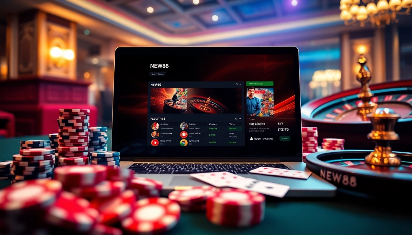 Experience gaming excitement at https://new88bet.us/ with vibrant casino visuals including poker chips and roulette.