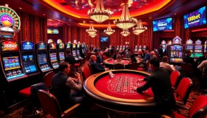 A lively gambling scene at 188bet casino featuring slot machines, poker tables, and betting activities.