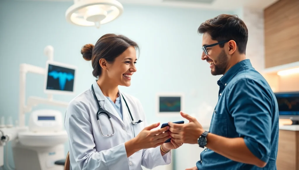 Experience level orthodontics care with a friendly orthodontist consulting a patient in a modern clinic.