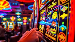 Menggankan petanitoto dengan mesin slot penuh warna di kasino yang ramai