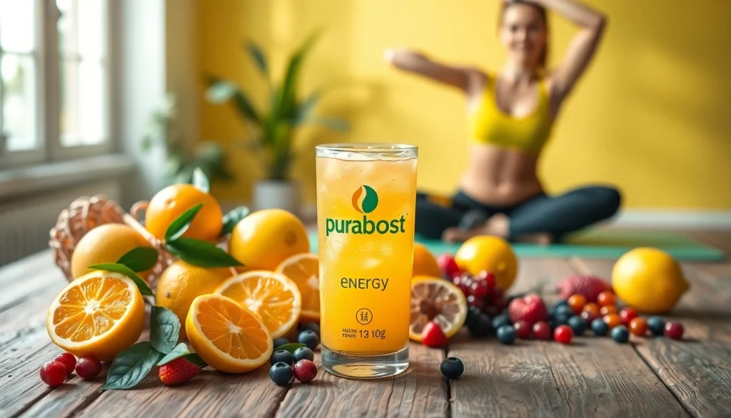 Puraboost energy drink with fresh fruits promoting vitality.