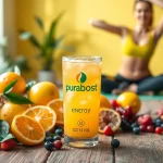 Puraboost energy drink with fresh fruits promoting vitality.
