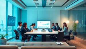 Logo ik displayed in a modern professional office environment with collaborative meetings.