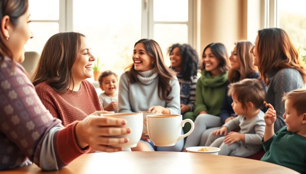 Gathering of mothers sharing emotional support for moms in a cozy café setting