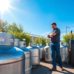 Refill service for propane tank at a busy station with green surroundings.