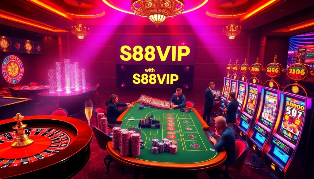 S88VIP players celebrating wins at a vibrant casino table with poker chips and roulette.