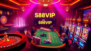 S88VIP players celebrating wins at a vibrant casino table with poker chips and roulette.