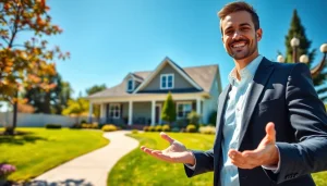 Engaging real estate agent presenting a stunning property in an inviting outdoor setting.