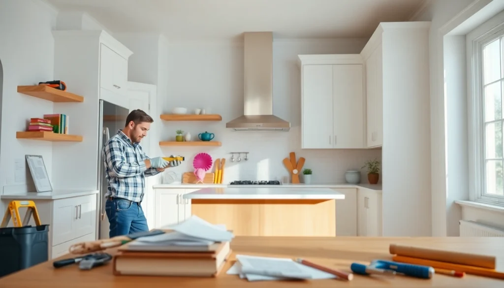 Engaging home renovation with a contractor transforming a kitchen, showcasing expert craftsmanship.