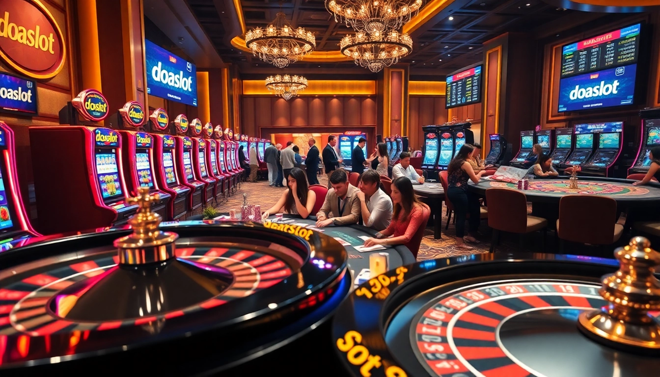 Excited players engaging with doaslot machines in a luxurious casino atmosphere.