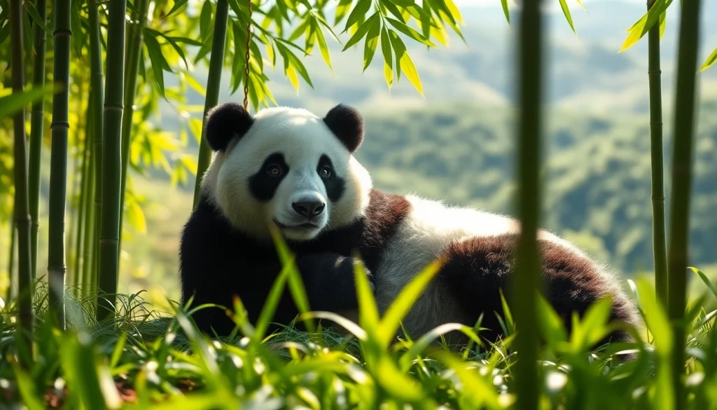 Un panda se reposant sous un bosquet de bambou, symbolisant la tranquillité sur pandachi.fr.