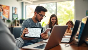 Engaging app development process with a team collaborating over technology.