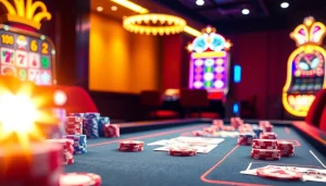Leci123 elevates the online gambling experience with a dynamic casino table displaying colorful poker chips and cards.